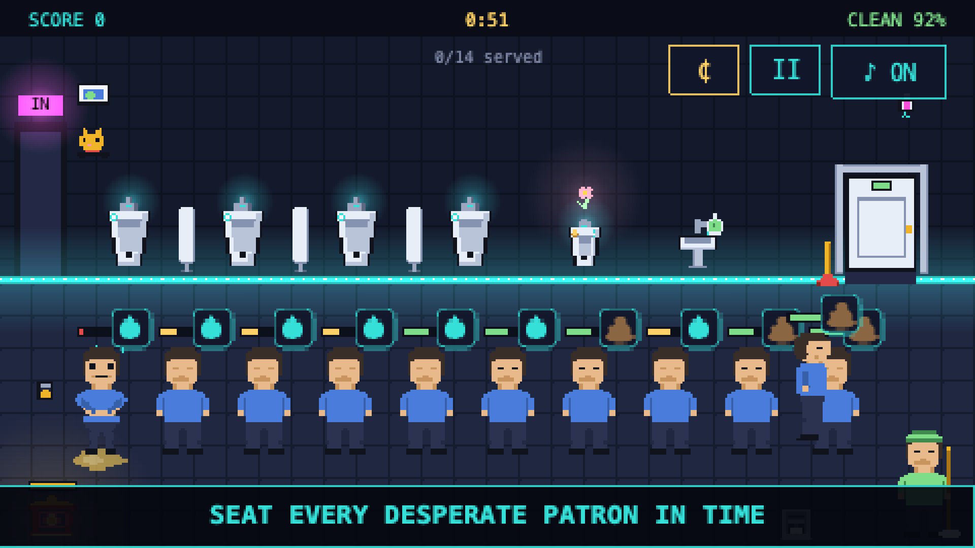 Loo Lord gameplay: a neon restroom with a row of urinals and a queue of desperate pixel patrons, HUD reading CLEAN 92%