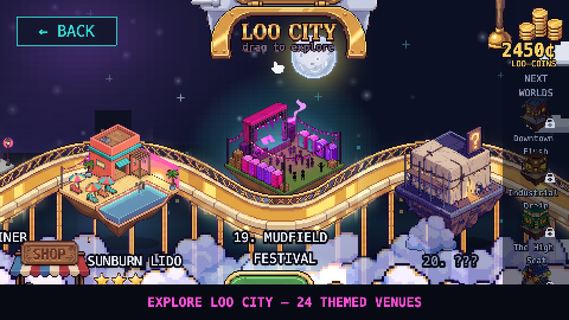 Night map of Loo City with glowing landmarks